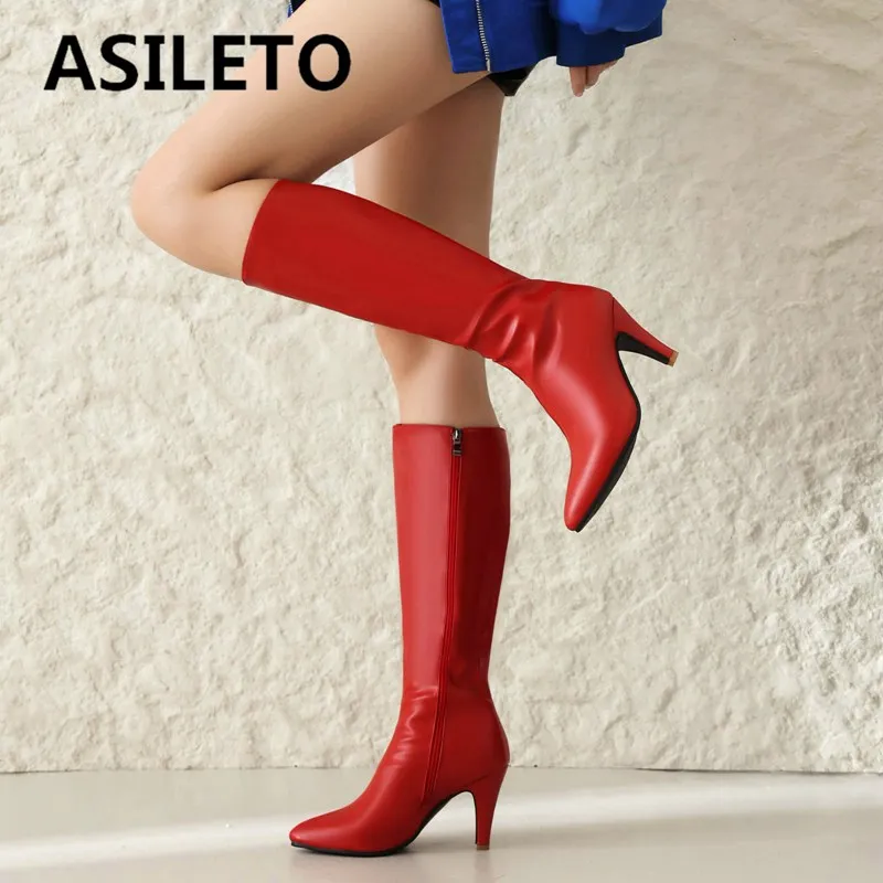 ASILETO Luxury Women Knee High Boots Pointed Toe Small Heels 8.5cm Zipper Plus Size 45 46 47 Fashion Sexy Party Female Booties