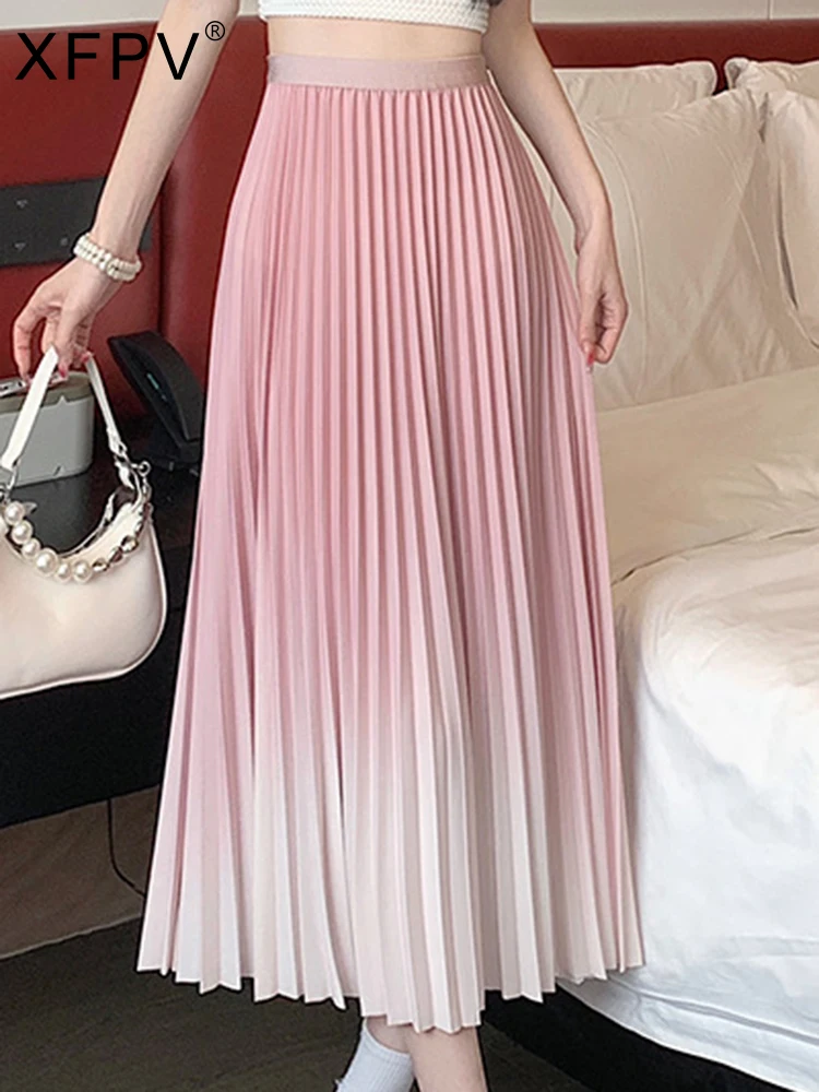 

BabYoung Sweet Gradient Elatic Waist Pleated Loose Skirt Women Leisure Folds A-Line Basics Skirts Female 2023 Summer New Tide