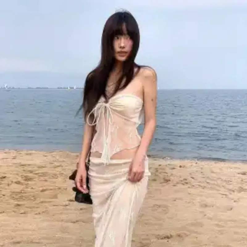 

Women's 2 Piece Sheer Mesh Floral Embroidered Set Strapless Crop Top Midi Skirt Set