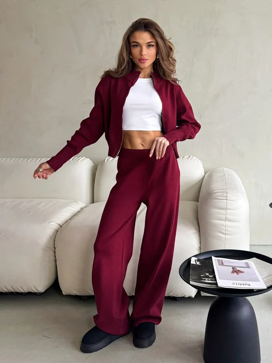 Bornladies المرأة الجديدة متماسكة زمم سترة بنطال ذو قصة أرجل واسعة مجموعة نسيج ناعم اقتصاص مرونة الخصر الخريف الشتاء سترة الموضة