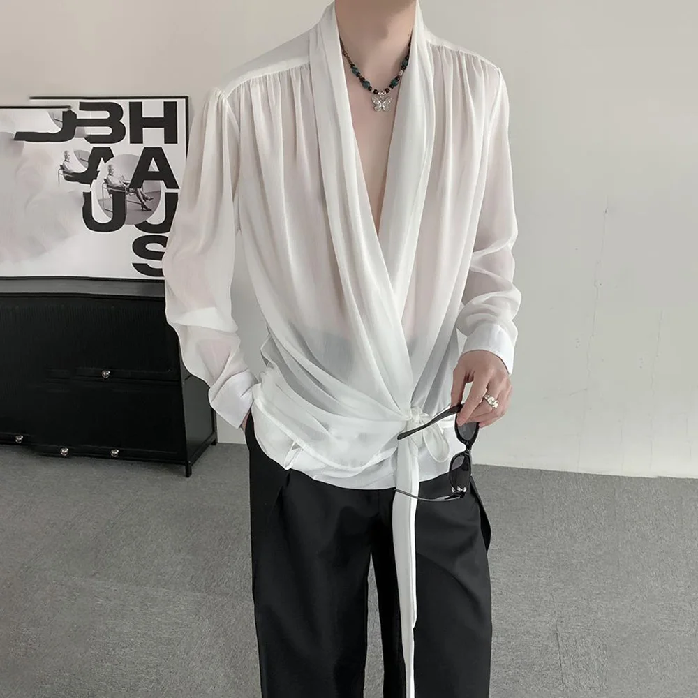 Mens Shirts Chinese Style Organza Tie Chiffon White Long Sleeve Tops Niche Cardigan Design Trendy Chic Casual Tops Unisex 2024