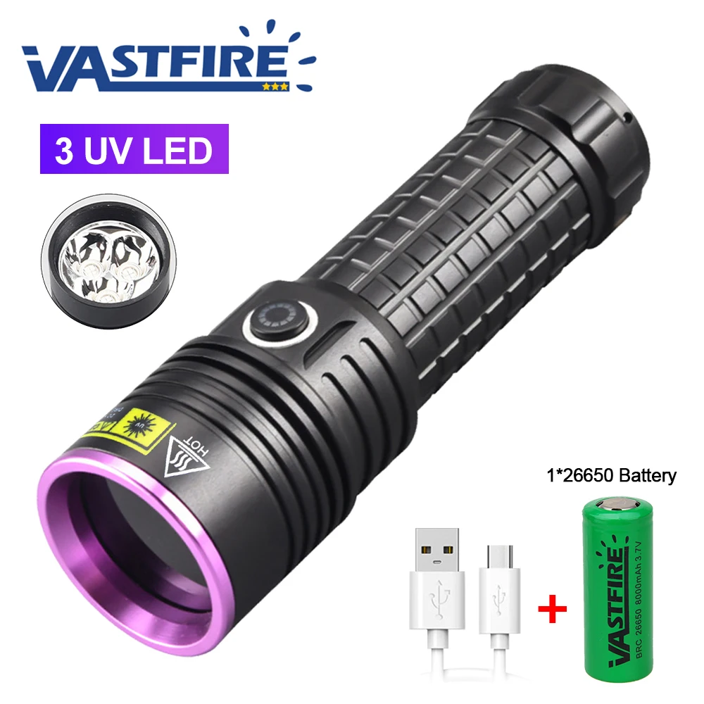 365nm UV Flashlight 3 UV LEDs Powerful Black Light Mirror Purple Light Detection Torch USB C Rechargeable Ultraviolet 26650