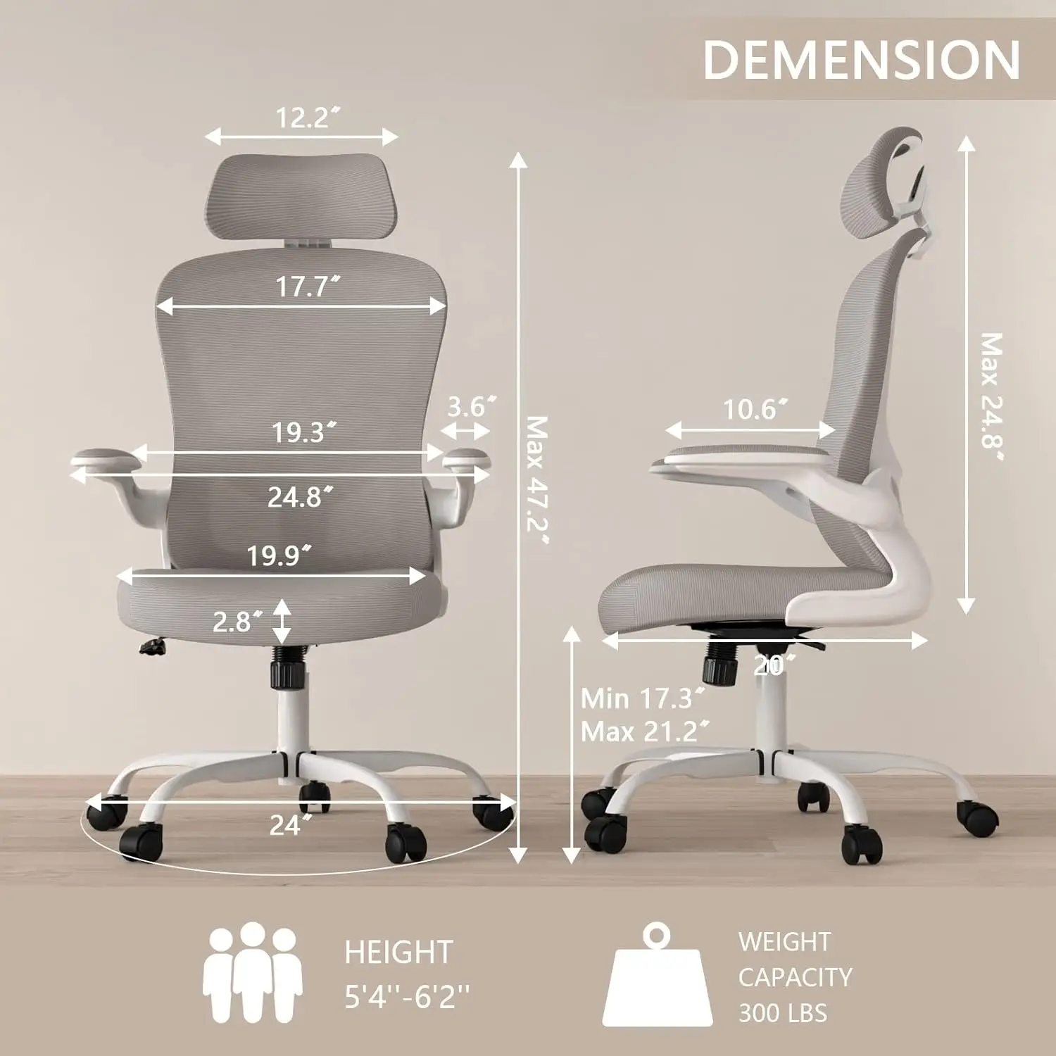 Chair, High Back Ergonomic Desk Chair, Breathable Mesh Desk Chair with Adjustable Lumbar Support and Headrest, Swivel Task Chair