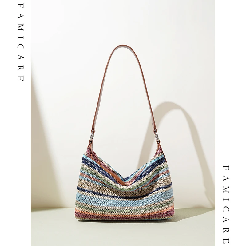 

2025 New Rainbow Woven Straw Bag Korean Style Minimalist Underarm Single Shoulder Bag Women Vintage Unique Versatile Handbag