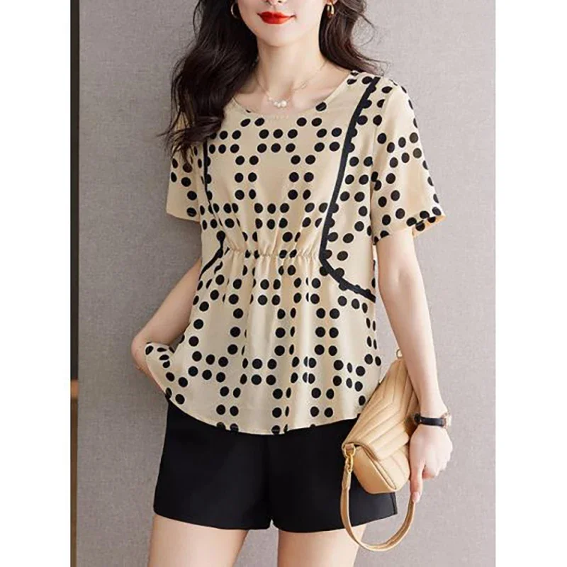 

Elegant O-Neck Spliced Folds Polka Dot Chiffon Blouses Women's Clothing 2024 Summer New Loose Chic Tops Office Lady Shirts ZL671