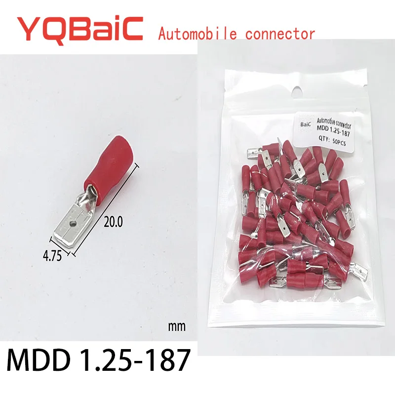 Red MDD1.25-(187) Brass Male Quick Disconnects Pre-insulated Terminal Cold Pressed Copper Nose