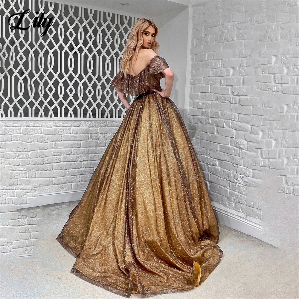 Lily Chocolate A Line Prom Dresses with Belt Glitter Off the Shoulder فساتين السهرة Sequin Pleat Sweep Train Party Dress