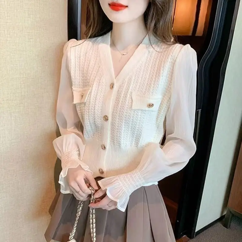 Spring Autumn New Fashion V-neck Long Sleeve Patchwork Cardigan Women\'s Clothing Lace Knitting Button Sweet Korean Youth Tops