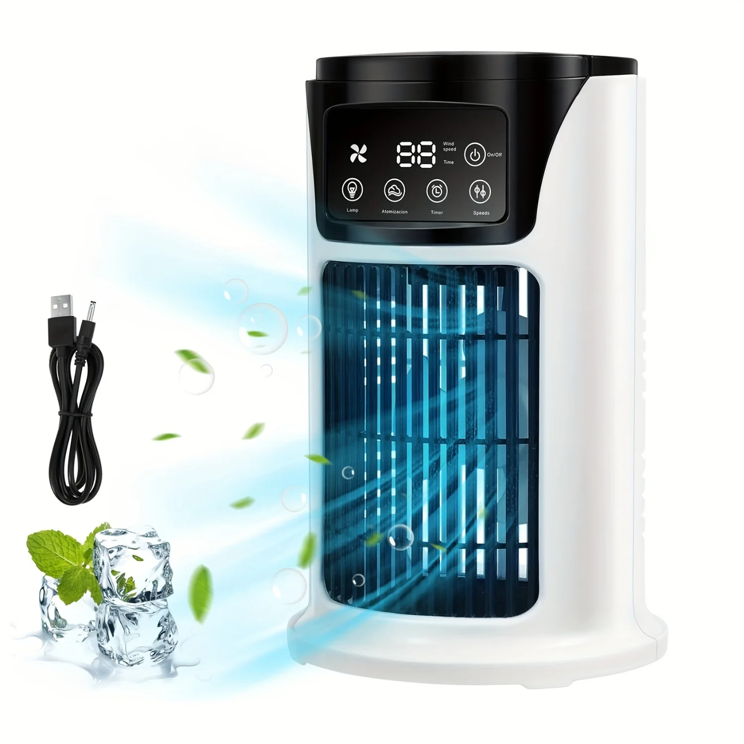 Portable Air Conditioner Humidifier Fan - 3-in-1 USB Cooler with Light - Office and Home Essential