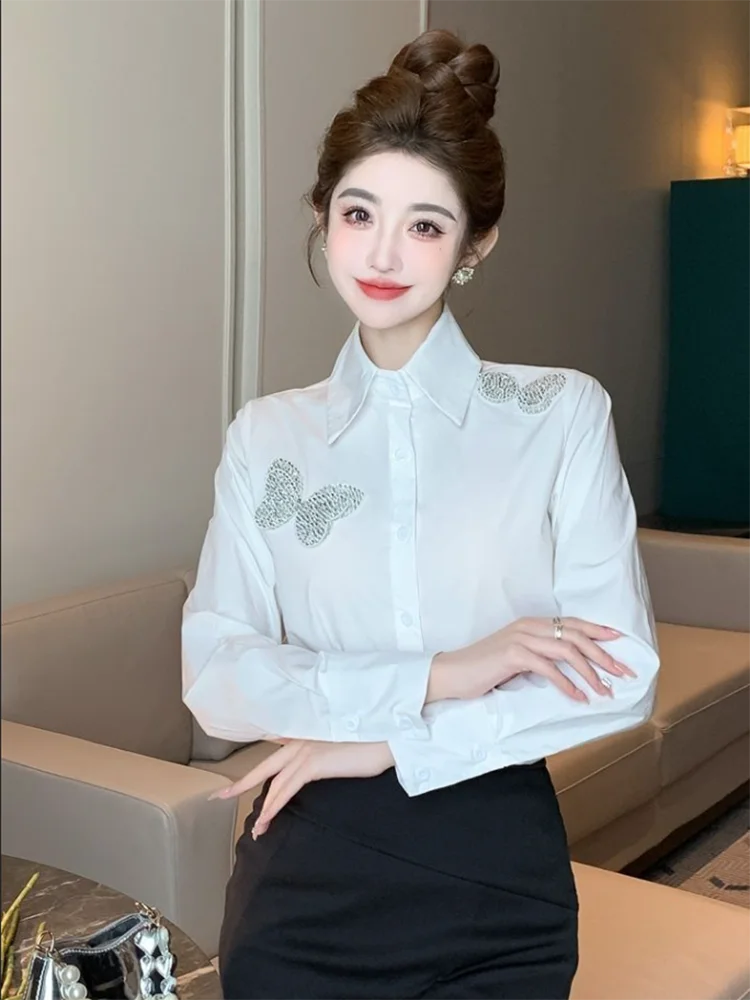 

Новая женская рубашка с объемным бантом и стразами, весна-осень 2026, дизайнерская, премиум-класса, свободного кроя, с длинным рукавом