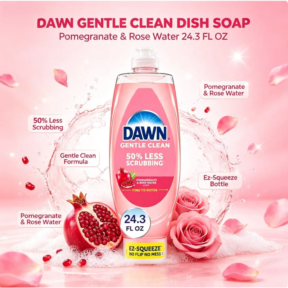 Gentle Clean EZ‑Squeeze Liquid Dish Soap, Pomegranate & Rose Water Fragrance, Mild Gentle Formula for Kitchen Washing, 24.3 fl oz