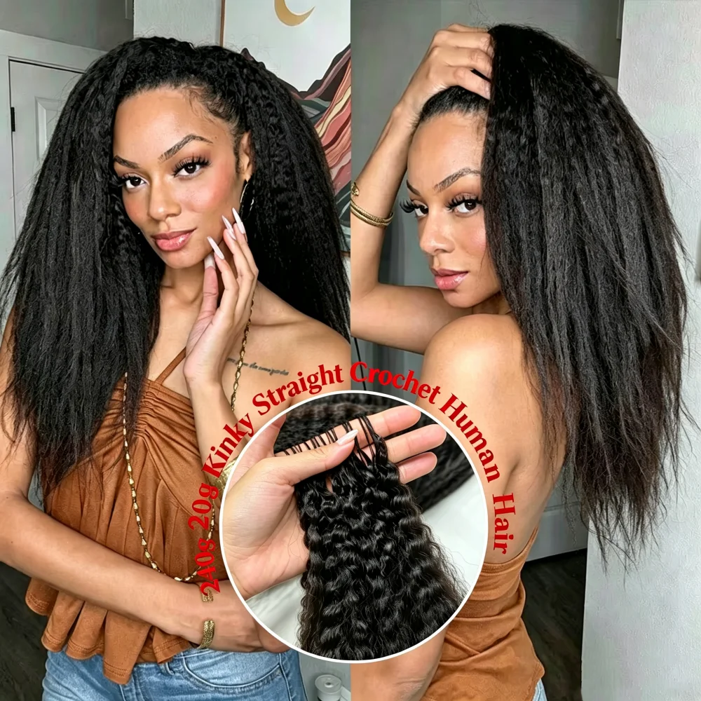 Human Crochet Hair for Women Kinky Straight Feather Crochet Human Hair Extensions 60g 50strands Lightweight Pre-Separated Reusable Invisible Miracle Knots Human Hair Bundles Natural Black