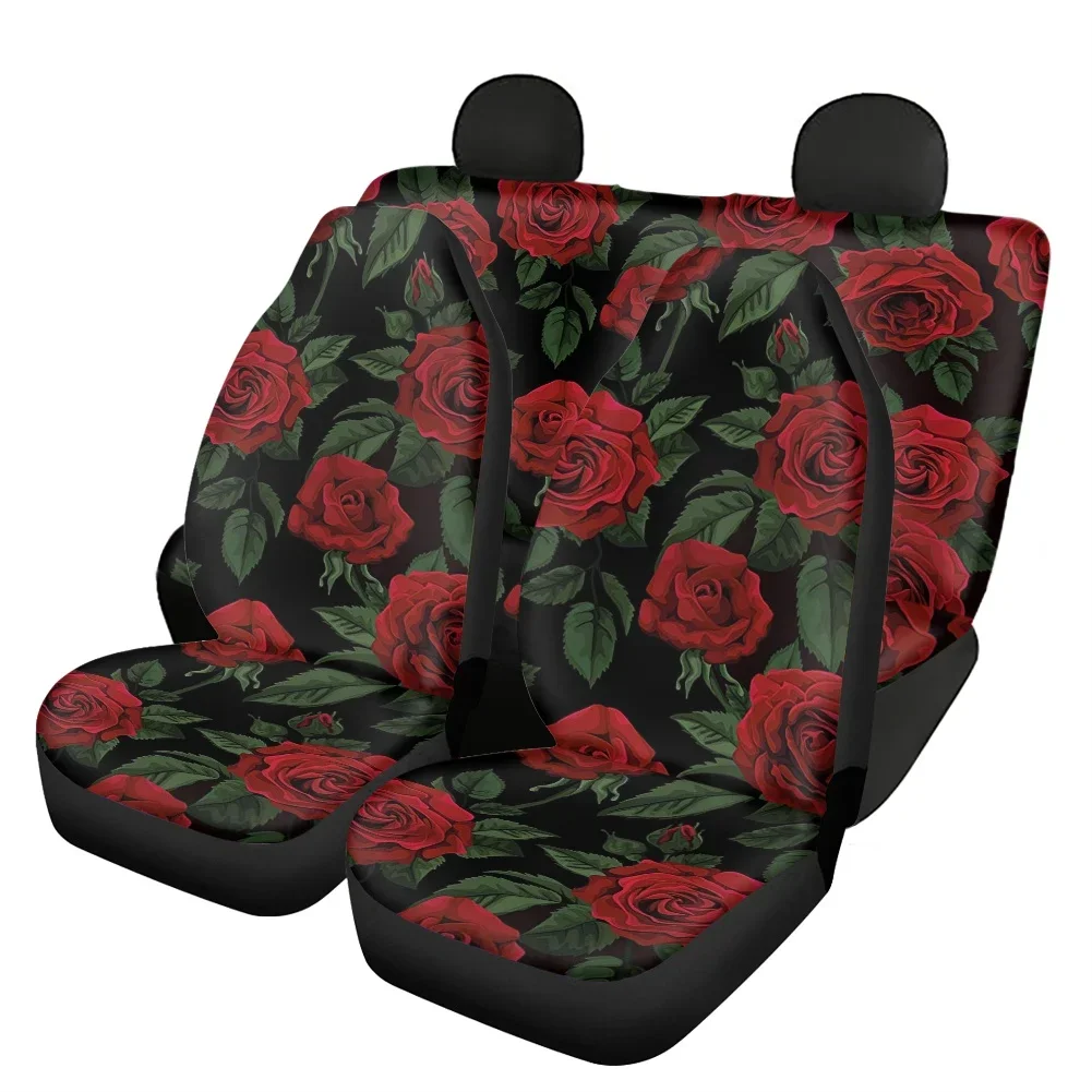 Red Rose Themed Pattern Car Seat Cushion Cover Soft Front and Back Car Seat Covers Durable Car Seat Protector 4pcs/Set Accessory