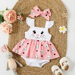 PatPat 2pcs Baby Girl Rabbit Print Flutter-sleeve Faux-two Romper & Headband Set Suitable for Summer Season