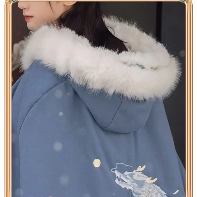 Vintage Winter Draak Hanfu Mantel Grote Bontkraag Dikker Pluche Mantel Oude Kostuum Mannen Vrouwen Cosplay Kleding Traditioneel