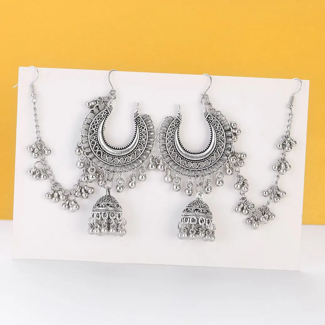 Boho Silver Color Indian Earring Link Headdress Women Vintage Metal Chain Beads Lantern Pendant Earrings Fashion Bridal Bijoux