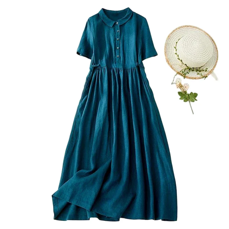 

Pop New Summer Peter Pan Collar Solid Short Sleeve Women Dresses Korean Style Elegant Fashion Office Lady Cotton Daily Dress