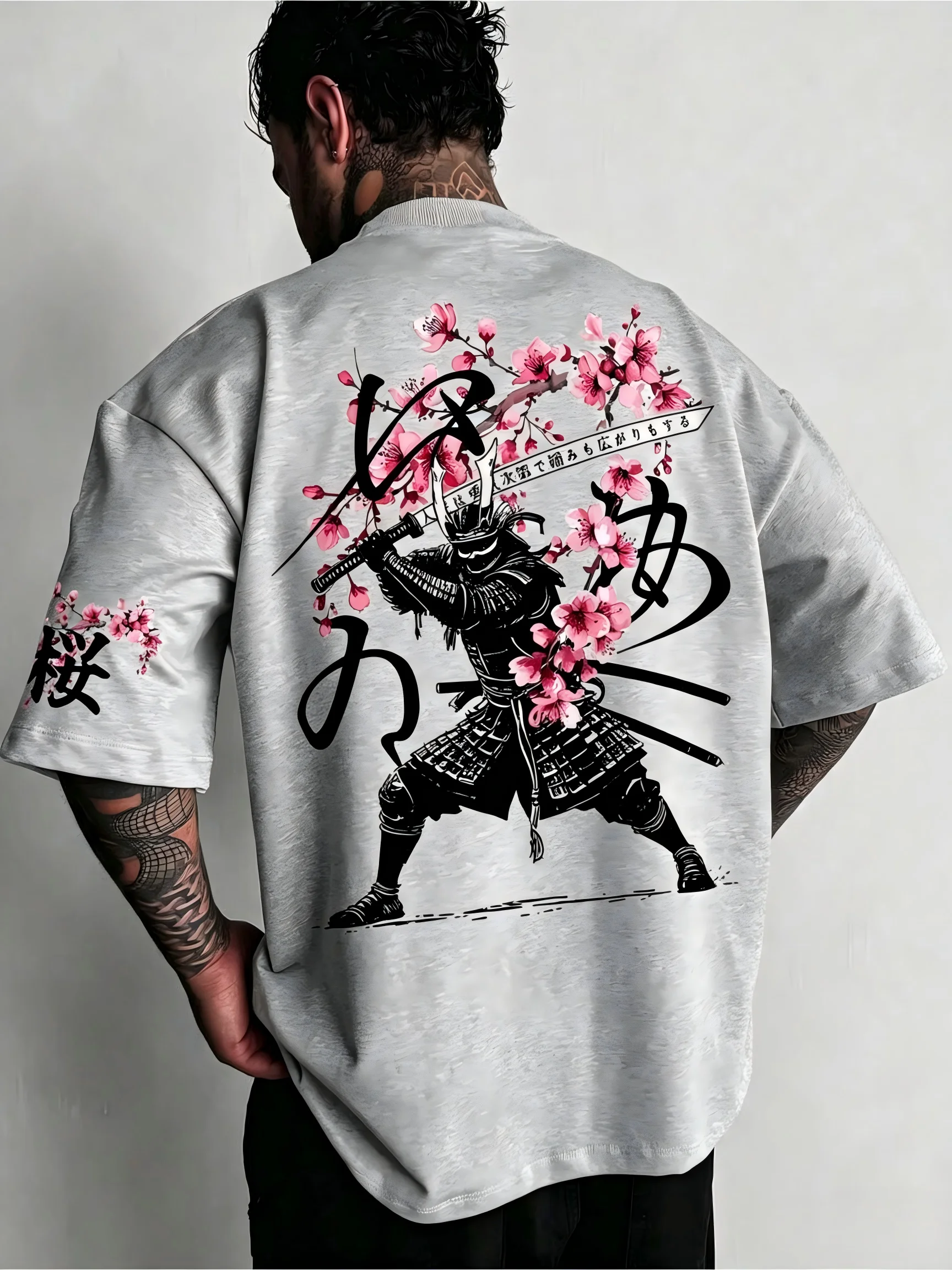 American men's summer cherry blossom wandering warrior letter print comfortable and breathable round neck T-shirt outdoor street