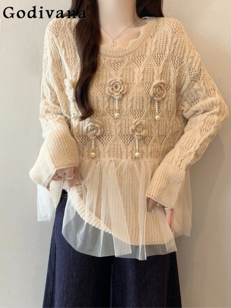 

Большой размер, уникальный трехмерный цветочный свитер с длинными рукавами для девочек, осень-зима, новый газовый свитер с круглым вырезом, корейский свободный топ