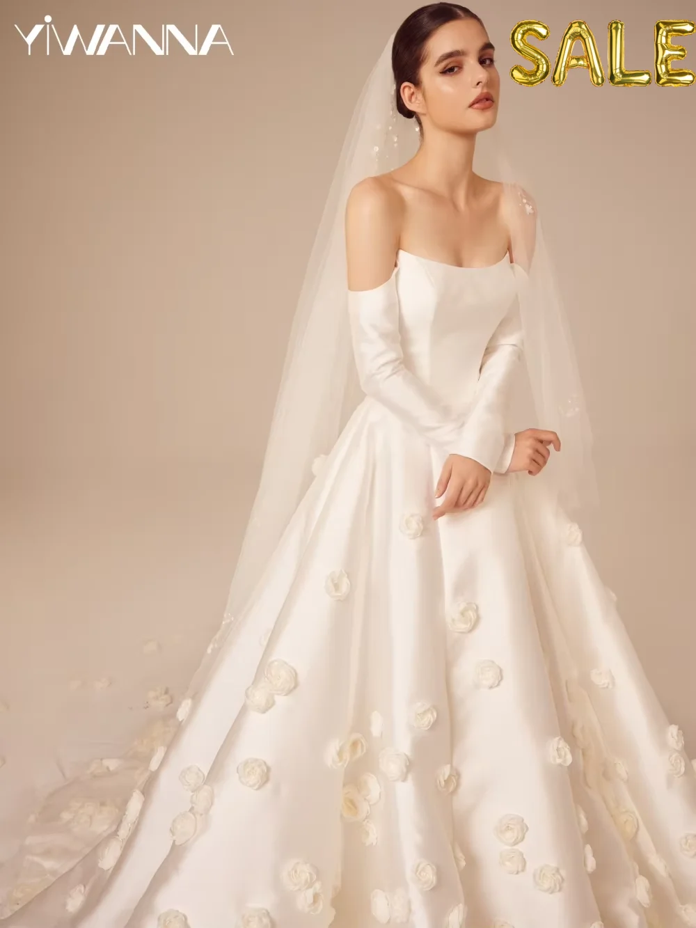 

Elegant 3D Flower A-line Long Wedding Dress Strapless Off The Shoulder Long Sleeve Bridal Gown Customized Dresses For Bride