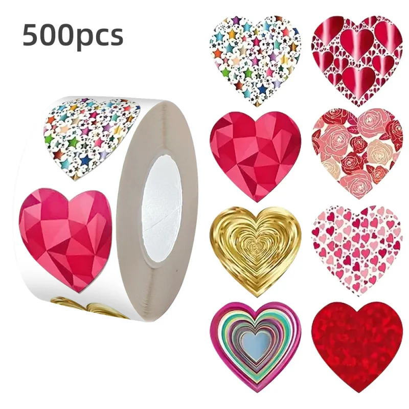 500 Stück/Valentinstag-Herz-Aufkleber in Rollenform, Geschenkverpackungsaufkleber, bunte Herz-Etiketten