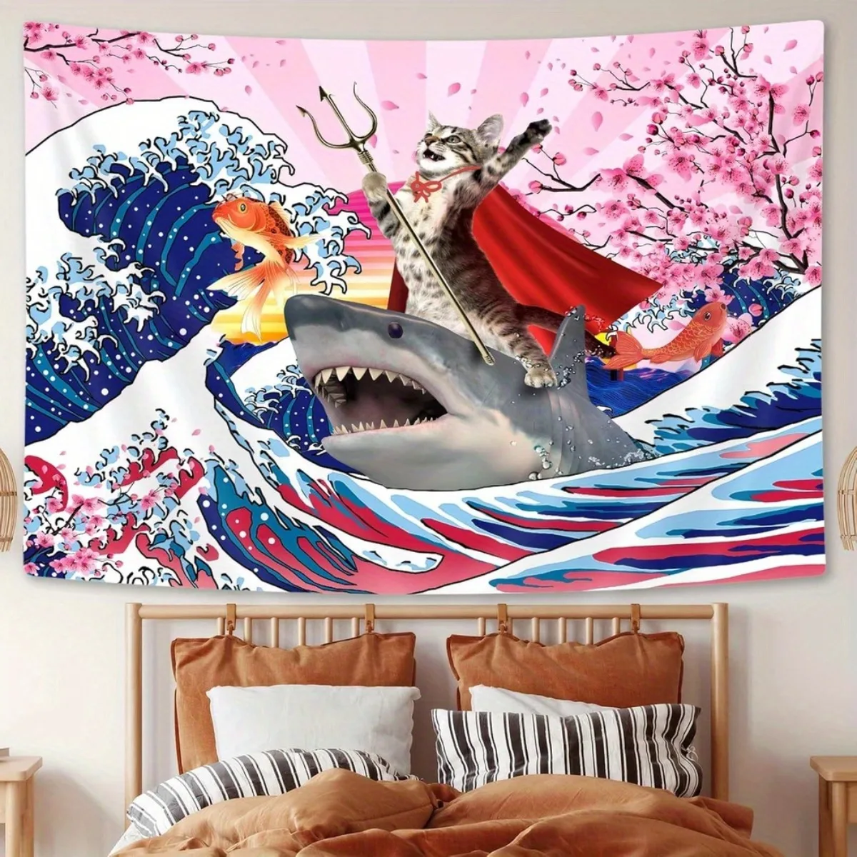 SAOLUIS Funny Cat Riding Shark Tapestry Japanese Neko Ocean Wave Wall Hanging Cute Kitten Shark for Bedroom Living Room Dorm Chr