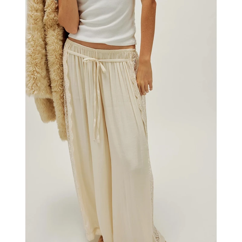 

Женские пляжные брюки свободного кроя, длинные, с прозрачными вставками, цветочным кружевом, в стиле Y2K, на шнурке, с низкой посадкой, широкие штанины