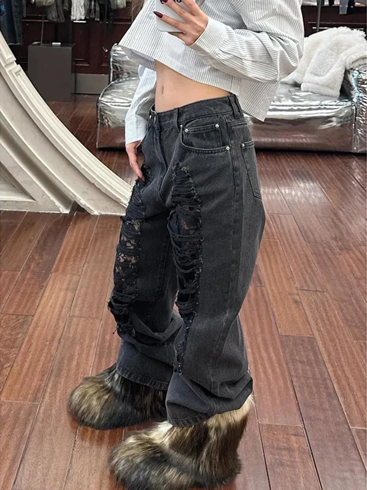 

Black Women's Jeans High Waist Hip Hop Straight Fashion Pants Streetwear Harajuku Y2K Star 2025 Female Wide Leg Denim Trouser