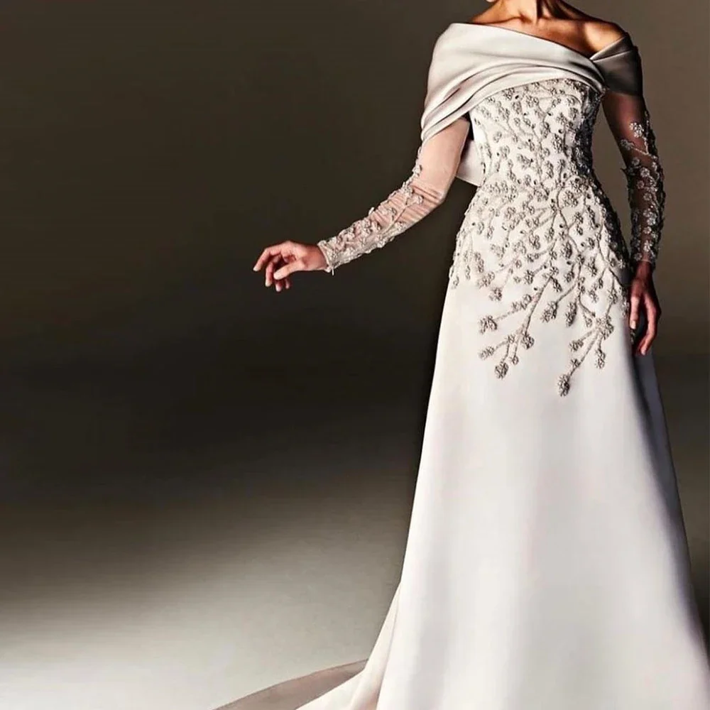 

Customized Graceful Satin Beading Crystal Flowers Off the Shoulder Evening Dress Delicate Long Sleeves Party Gowns Custom Size
