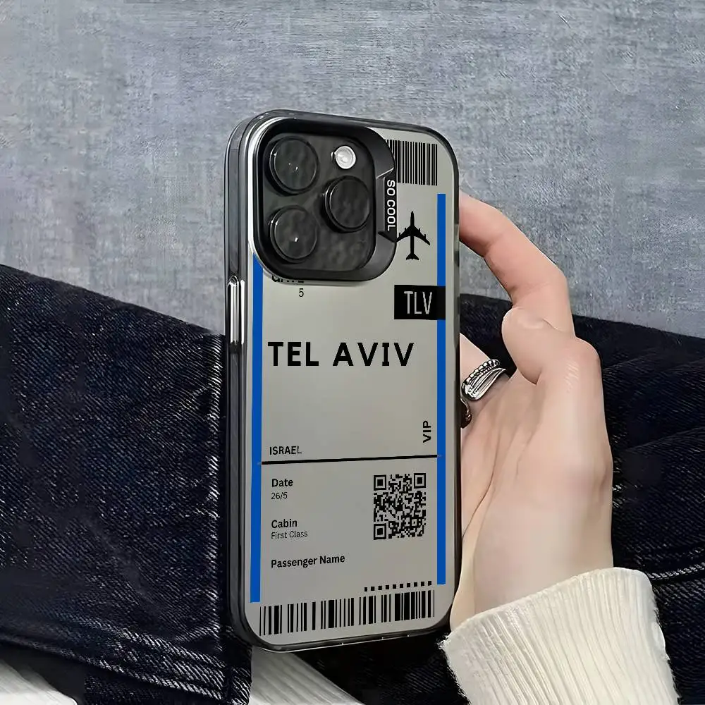 

Israel Plane Travel Ticket Phone Case For iPhone 16 15 14 13 12 11 Plus Pro Max multicolor Aurora laser Shockproof Funda Cover