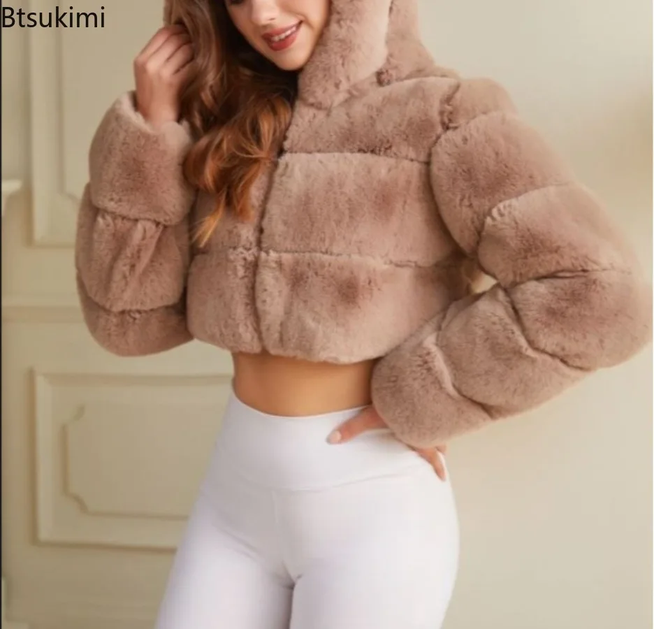 Women Y2K Vintage Faux Fur Hooded Cropped Cardigan Long Sleeve Soft Plush Thick Warm Casual Streetwear Autumn Winter Outerwear
