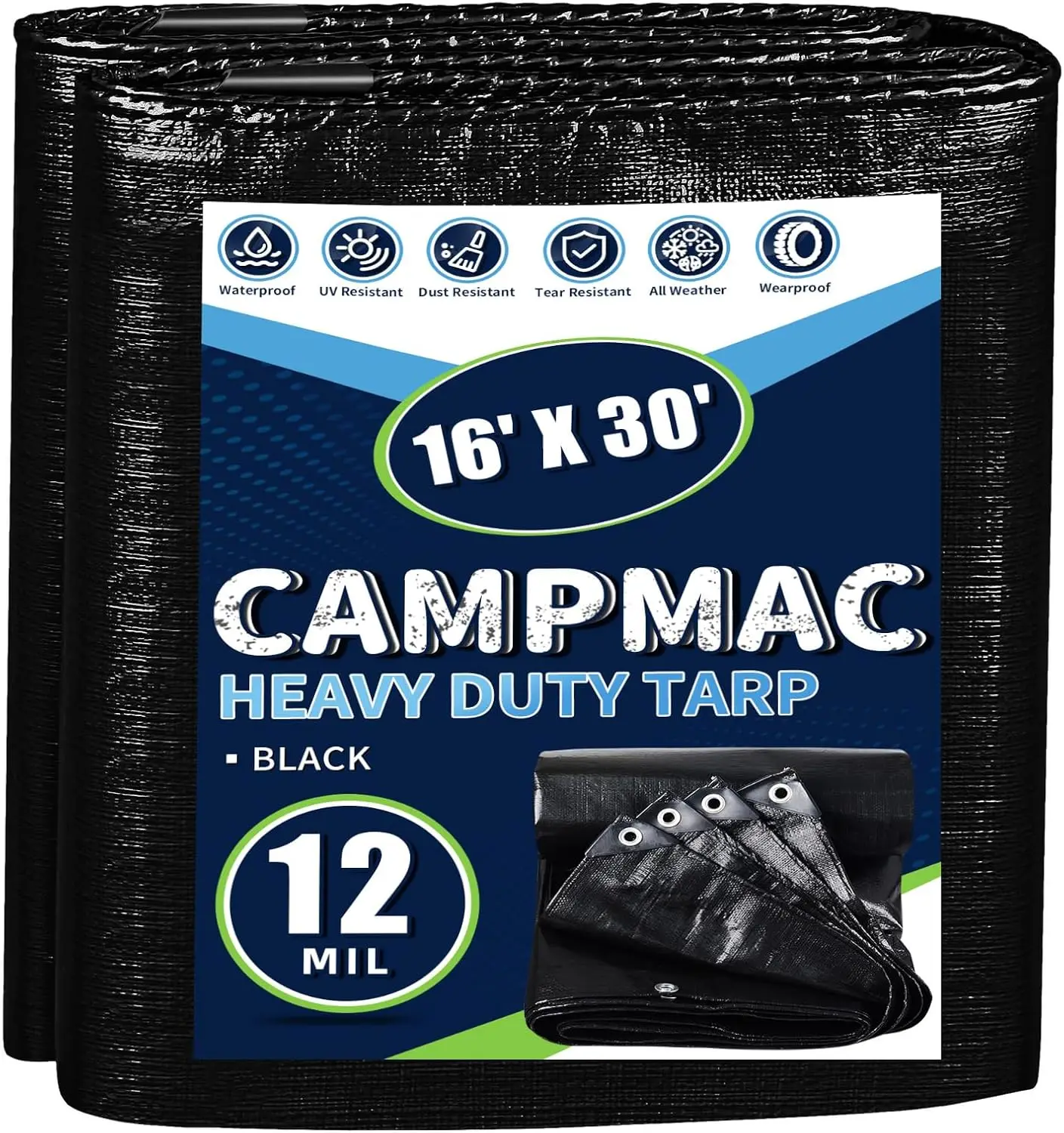 

Heavy Duty Waterproof Black Tarp 16x30, 12 Mil Thick, High Durability, Rip Resistant with Metal Grommets