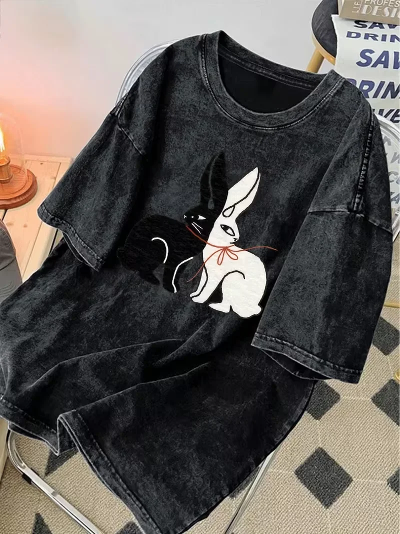 Cute Bunny Rabbit Graphic T-Shirt, Loose Retro Washed Tee for Men Women Travel Daily Vacation Trendy Modern Urban Daily Fashion
