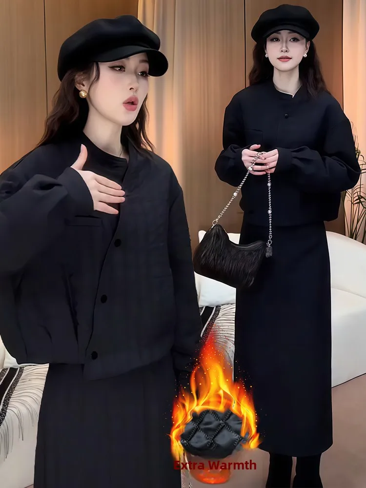 Korean Sle Commuter Cotton Jaet Skirt Set Women's Casual Winter Faion Tee-Piece Suit Warm Thiened Filling All-Over