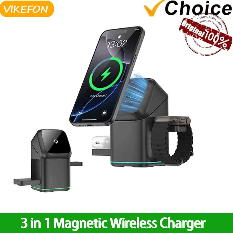 

3 in 1 Magnetic Electric Rotation Wireless Charger LED Breathing Light For Magsafe iPhone 16-12 Apple Watch AirPods Pro