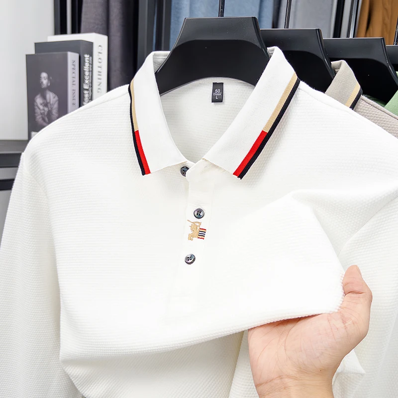 

2026 Spring Light Luxury Fashion 100% Cotton Embroidered Polo Shirt Men's Trendy Long Sleeve Collar Bottom T-shirt