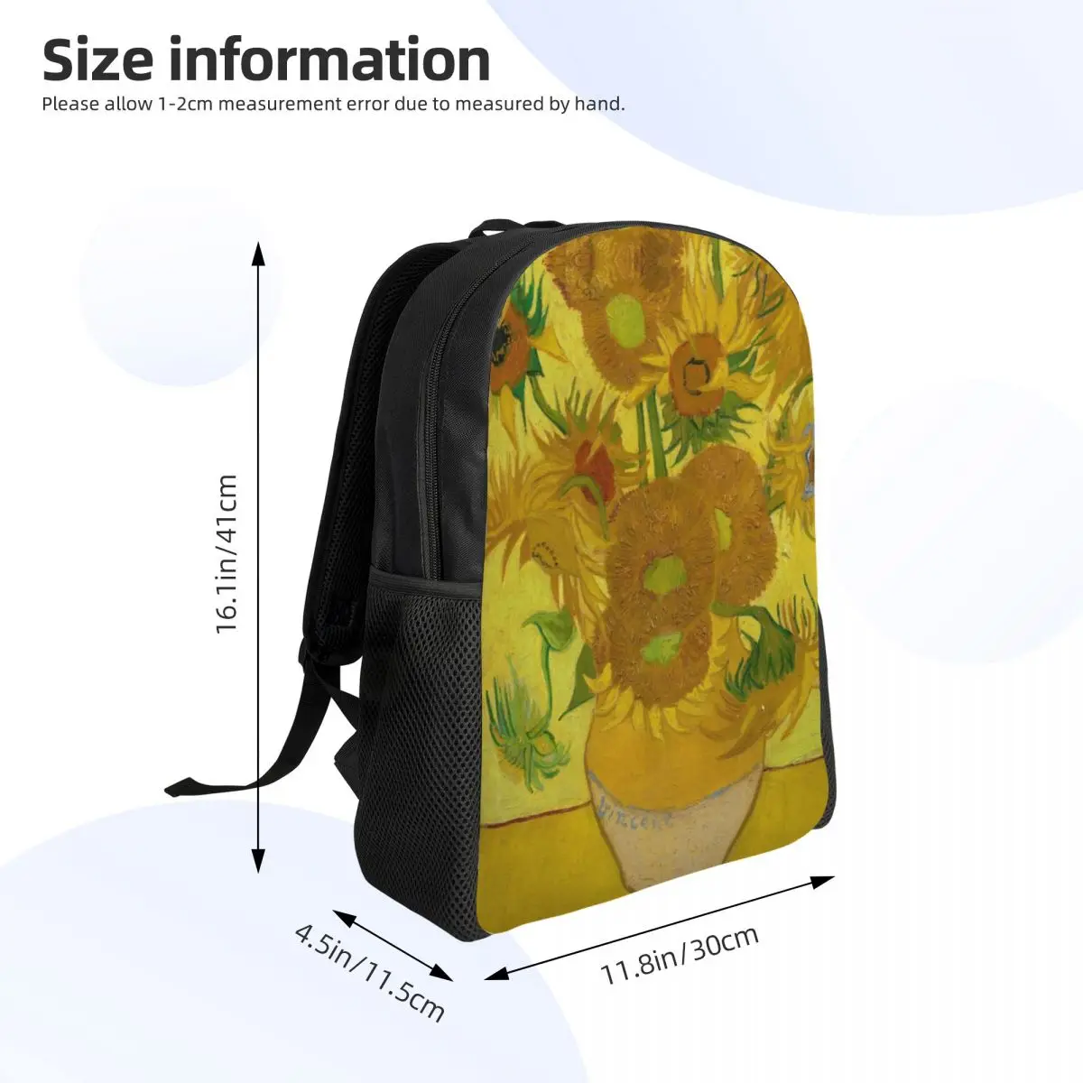 Vaso personalizado com girassóis Mochila para homens e mulheres, estudantes universitários Bookbag, sacos de pintura, Van Gogh