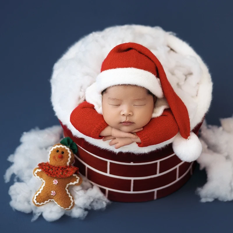 Newborn Baby Photography Prop Festive Christmas Crutch Bell Gingerbread Man Red Pocket Props Studio Baby Boy Santa Claus Costume