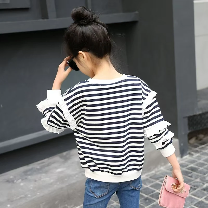 2025 Spring Autumn 3 4 6 7 8 9 10 11 12 Years Children'S Clothes Sleeve Decoration Striped Kids Baby Girls Sweatshirts