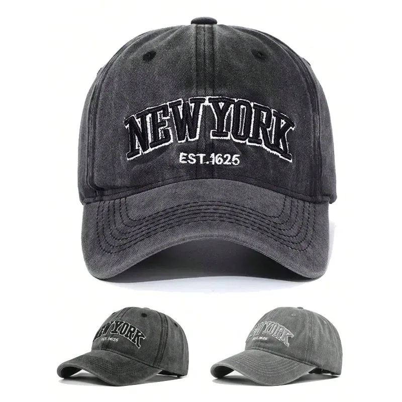 2 3D embroidered New York letter washed baseball cap, front / back embroidery, adjustable outdoor date casual snap back hat