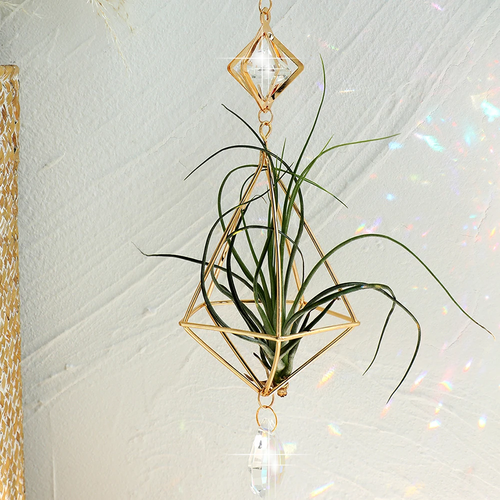 Gold Hanging Air Plant Holder Tillandsia Air Plants Hanger Geometric Himmeli Air Fern Display Planter with Crystal Home Decor