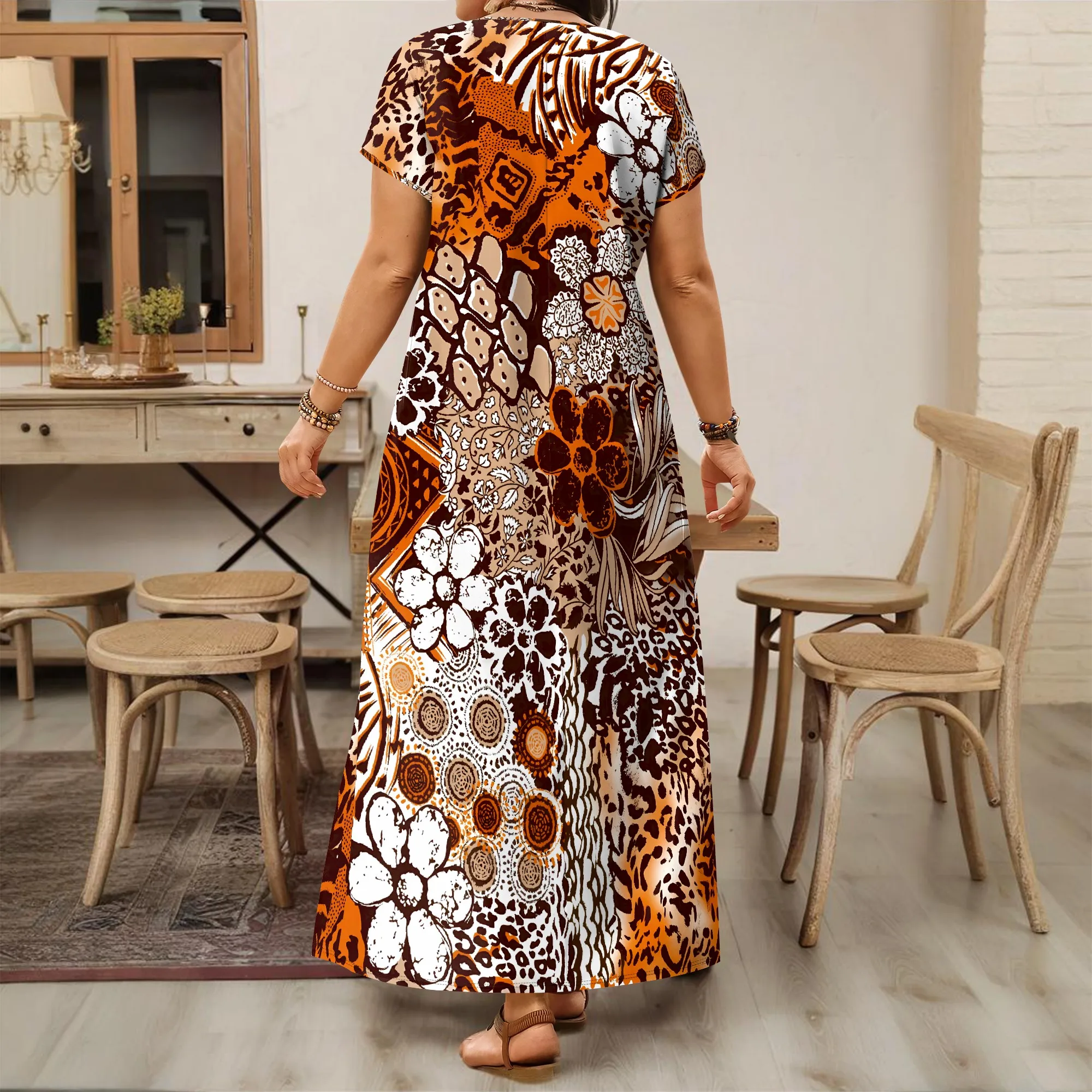 Nupusa Abito lungo da donna Boho con stampa floreale patchwork con scollo a V, vestibilità ampia, manica corta