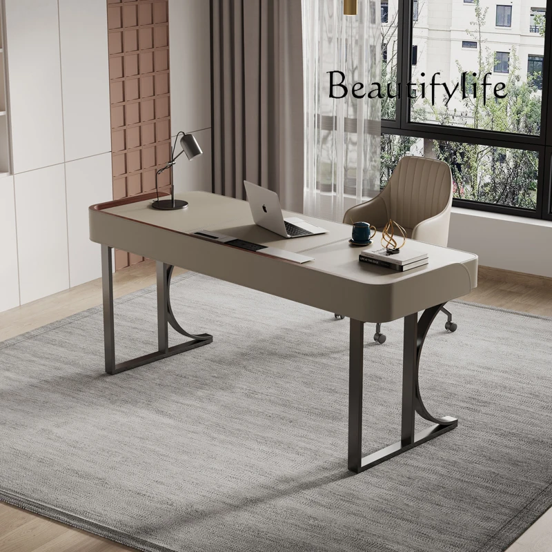 مكتب إيطالي حديث وبسيط، مكتب من الجلد، طاولة كمبيوتر لغرفة المعيشة، مكتب كتابة من الخشب الصلب