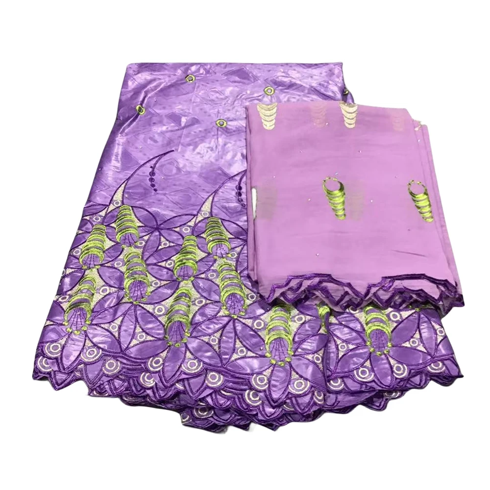 

African Bazin Riche Fabric Lilac Bazin Lace Embroidery And Tulle Fabrics With Stones 5+2 Yards