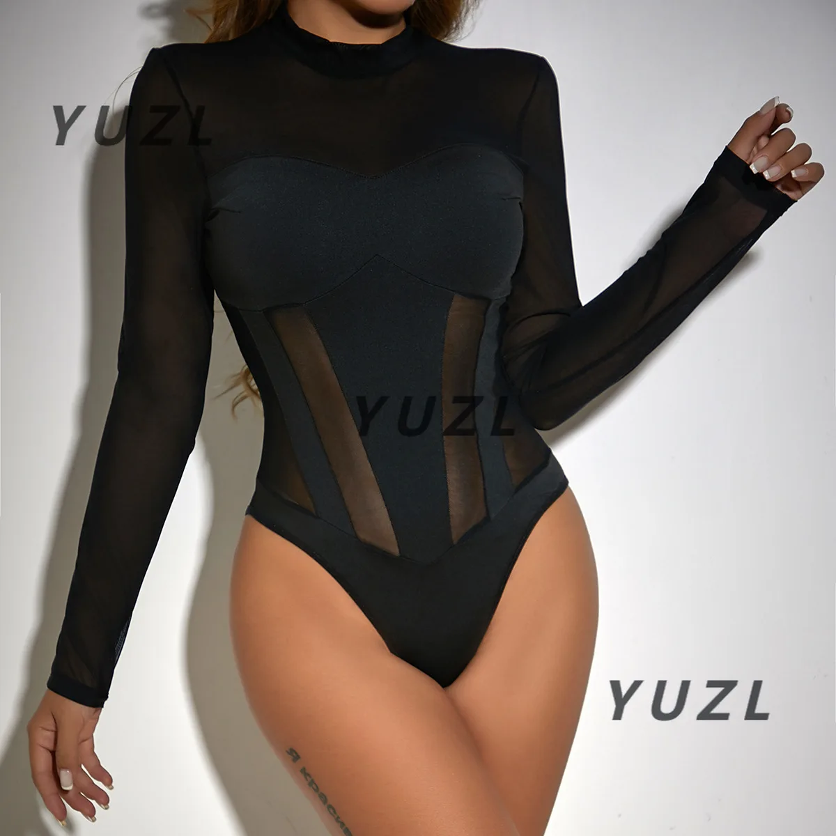 

2025 new women's clothing new mesh splicing tight body perspective sexy European and American foreign trade onesie 60717