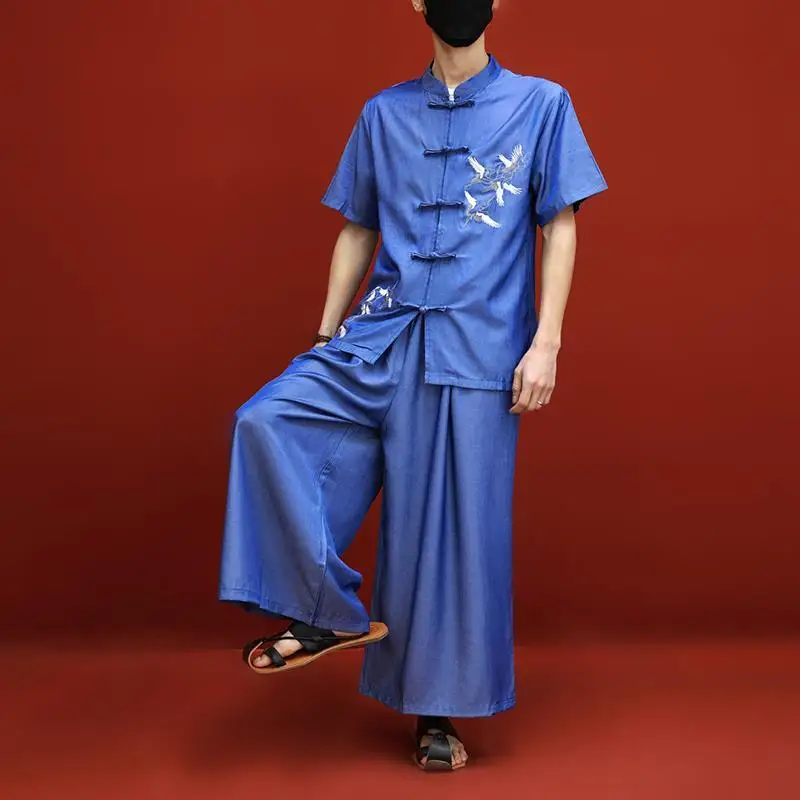 

Летняя шелковая рубашка с коротким рукавом, девять точек, брюки-кюлоты, мужской костюм большого размера, Свободные повседневные уличные персонализированные топы и брюки