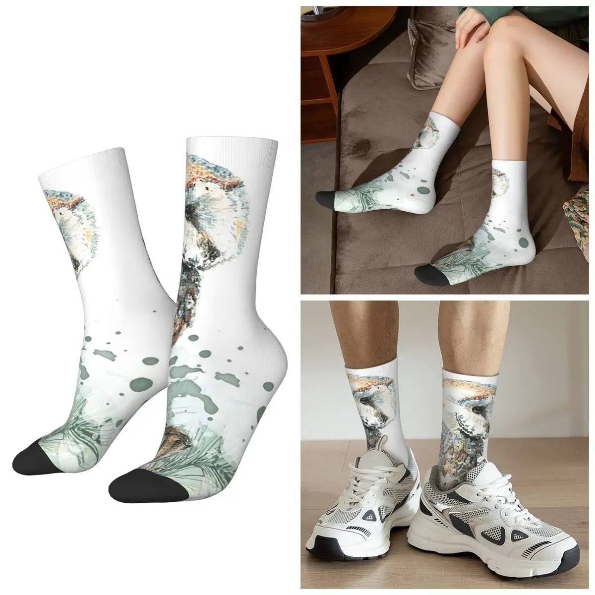 All Seasons Crew Stockings Watercolor Barn Owl Wildlife Bird Nature Socks Fashion Long Socks for Men Women Valentine's Day Gifts