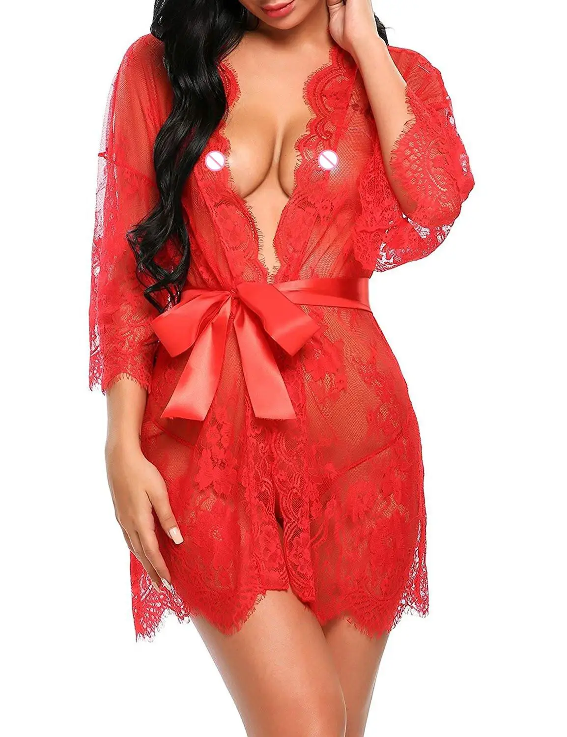 Sexy Women Lingerie Lace Night Dress Sleepwear Nightgown Bandage Deep V G-String See Through Sexy Sheer Sleep Dress Robe