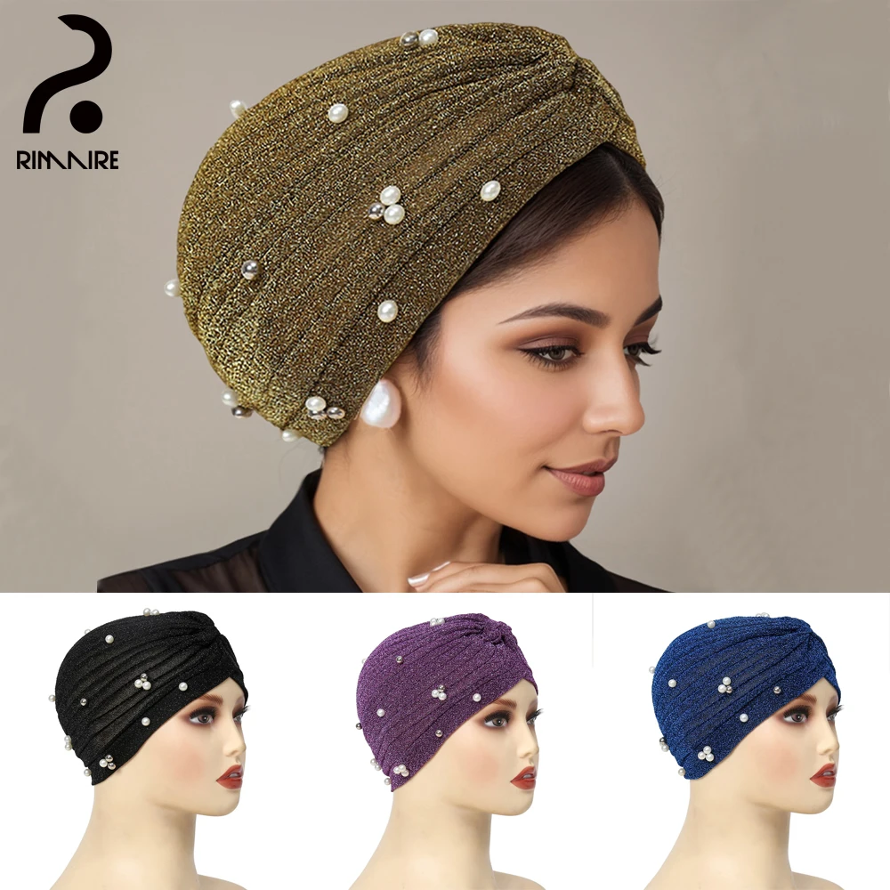 

Exquisite Women's Hijab Inner Caps Fashion Pearl Muslim Turban Hats Spring Autumn Ladies Instant Head Cover Hat Shawl RIMAIRE