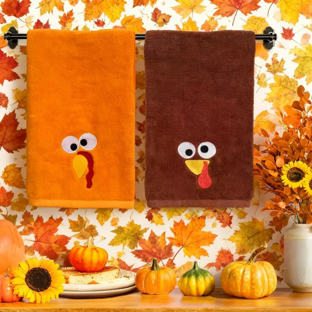 Thanksgiving Microfiber Towel Bright Color Dish Towel Thanksgiving Turkey Embroidered Hand Towels Set Absorbent for Holiday